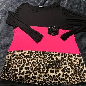 Black and Pink Leopard Print Top with Sequin Pocket